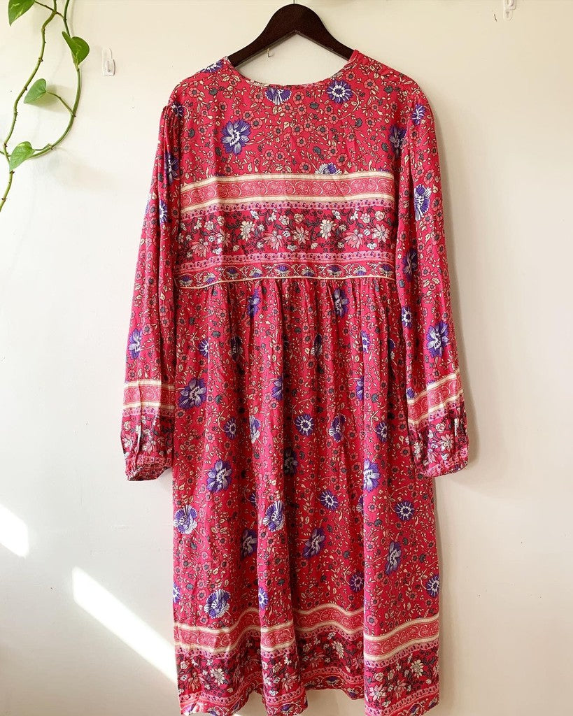 R.Vivimos Women's Long Sleeve Floral Print Retro V Neck Tassel Bohemian Midi Dress
