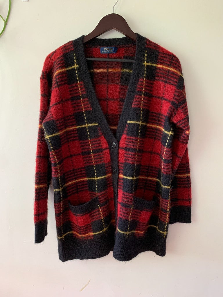 Polo Ralph Lauren Red Tartan Plaid Cardigan Wool Blend Sweater