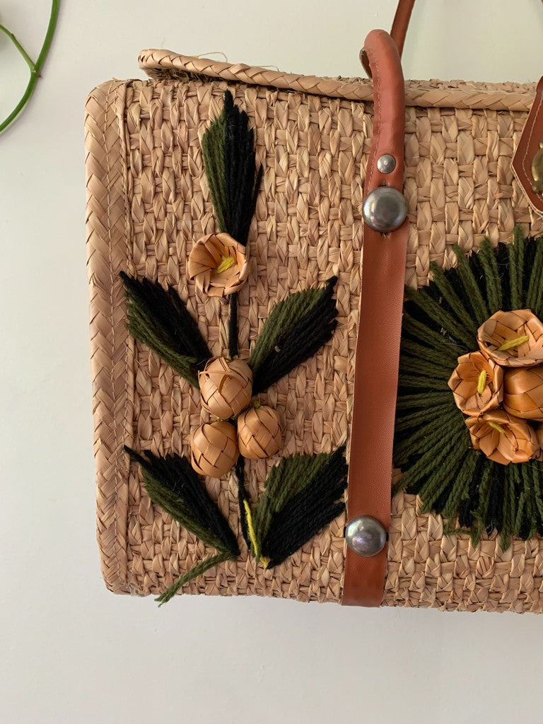 Vintage Straw Woven Tote Bag with Flowers