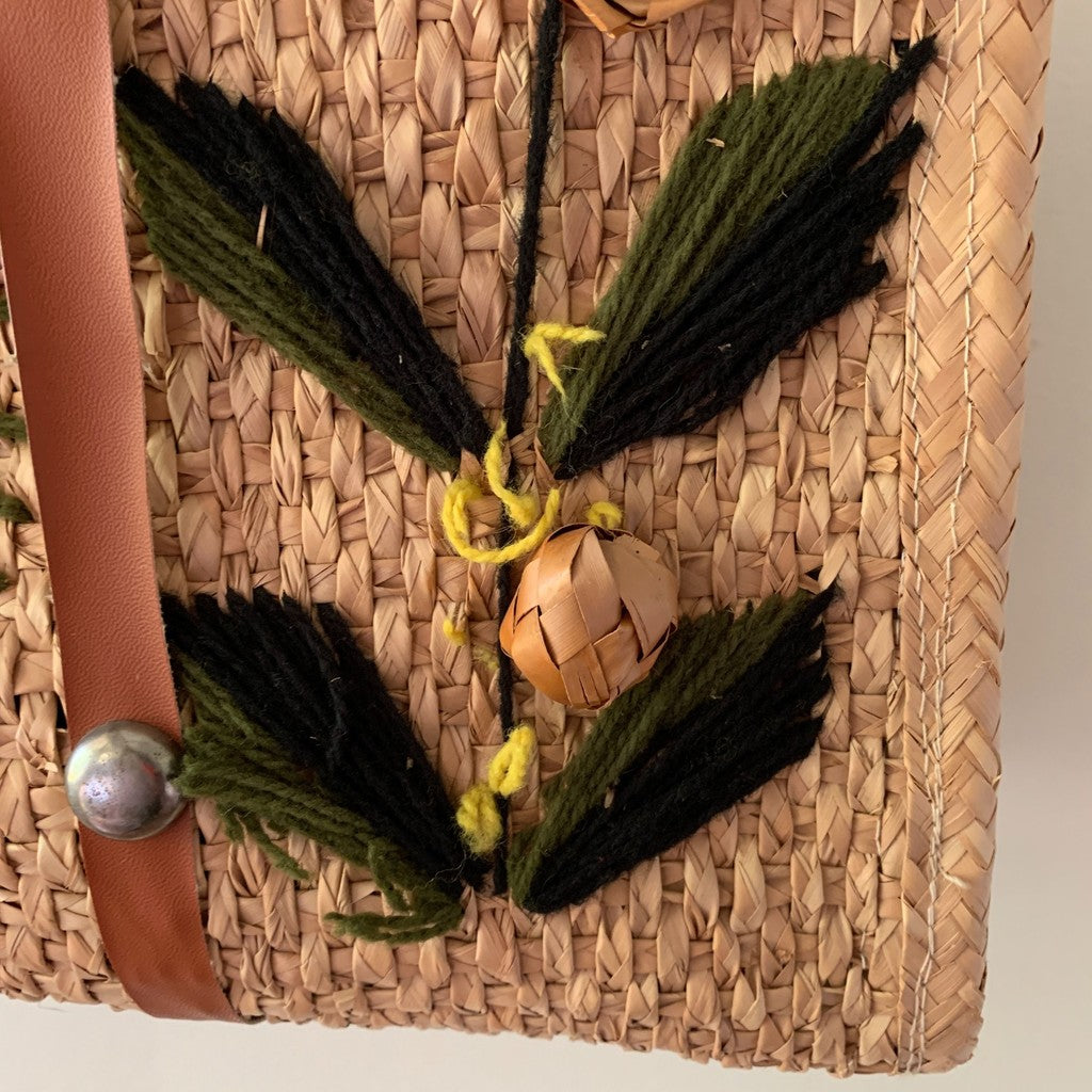 Vintage Straw Woven Tote Bag with Flowers
