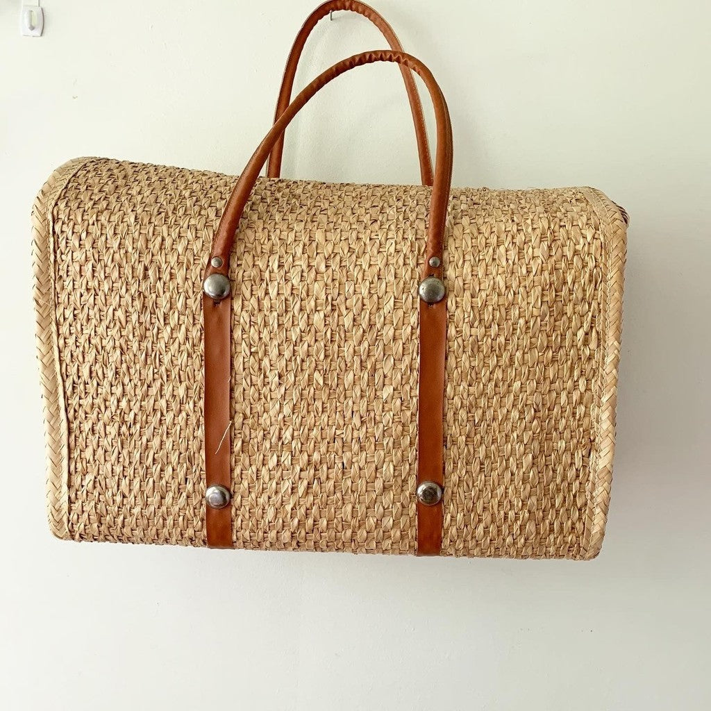 Vintage Straw Woven Tote Bag with Flowers