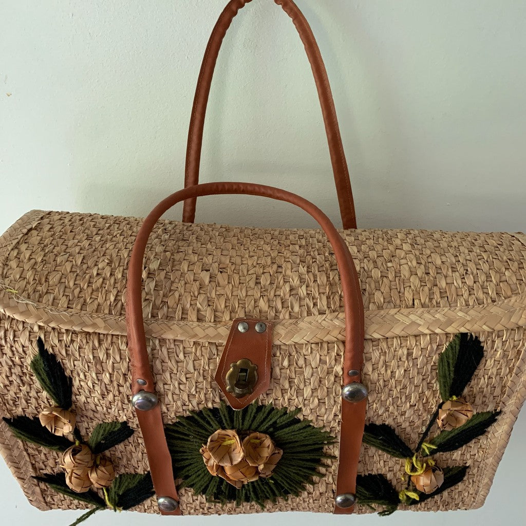 Vintage Straw Woven Tote Bag with Flowers