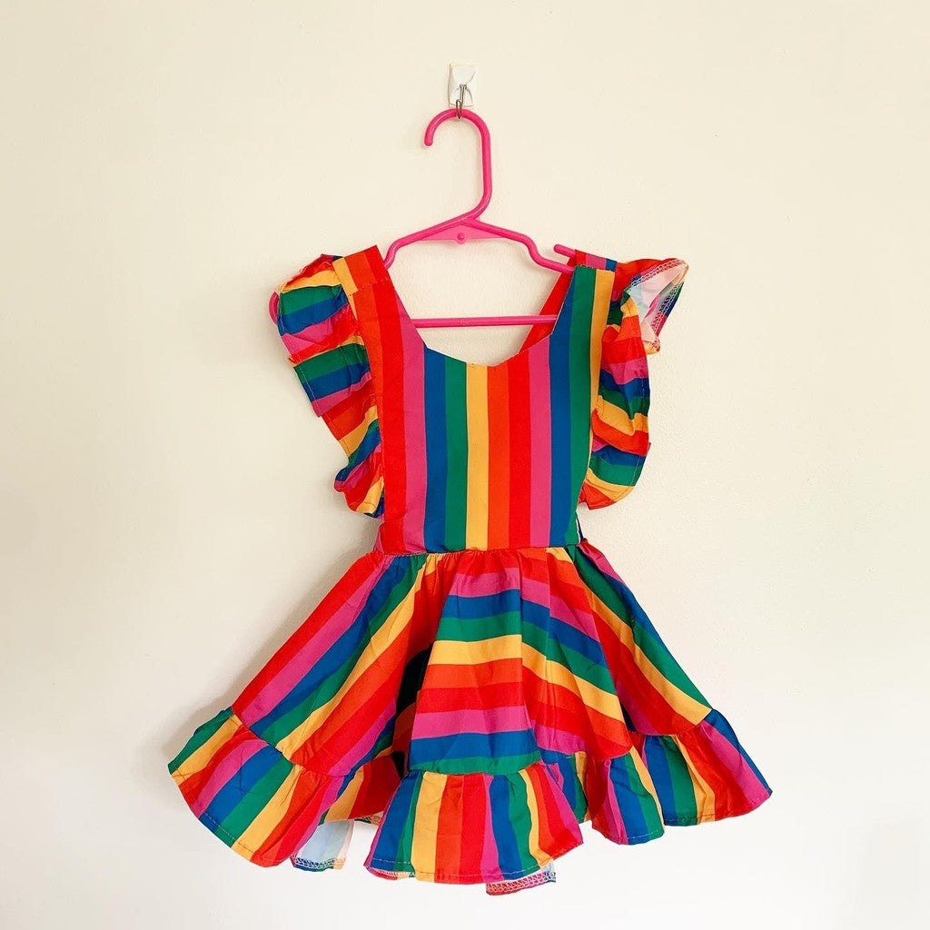 Toddler Girls Rainbow Dress Ruffle Backless Casual Summer Sundress