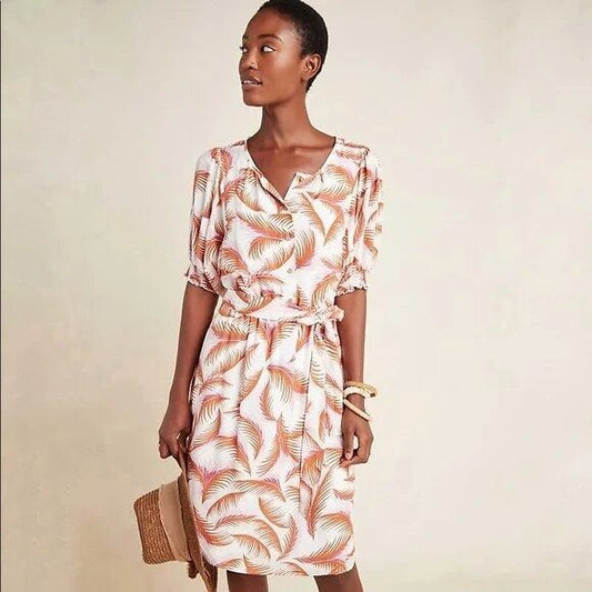 By Anthropologie Nicole Puff Sleeves Floral Palm Leaf Shirtdress Linen Blend S