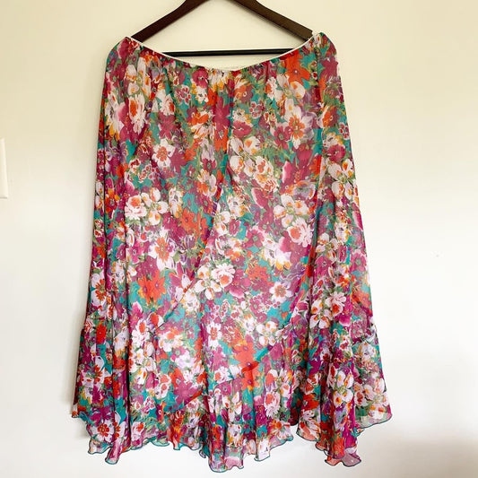 Notations Asymmetrical Floral Midi Ruffle Skirt