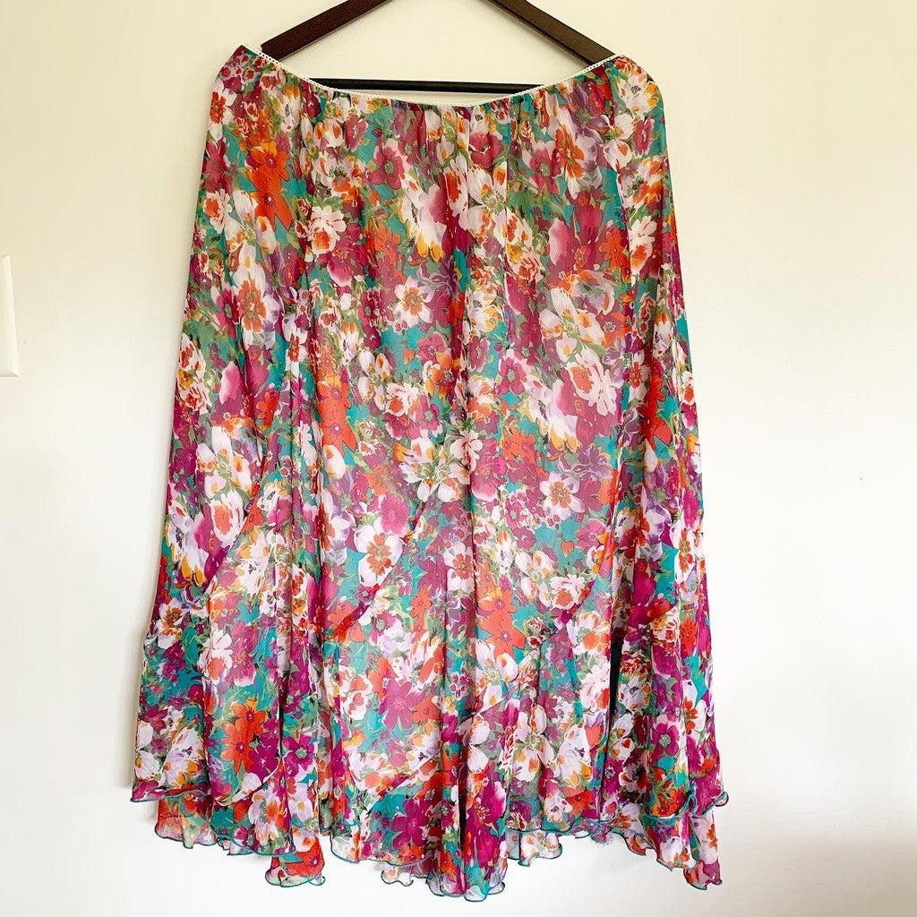 Notations Asymmetrical Floral Midi Ruffle Skirt