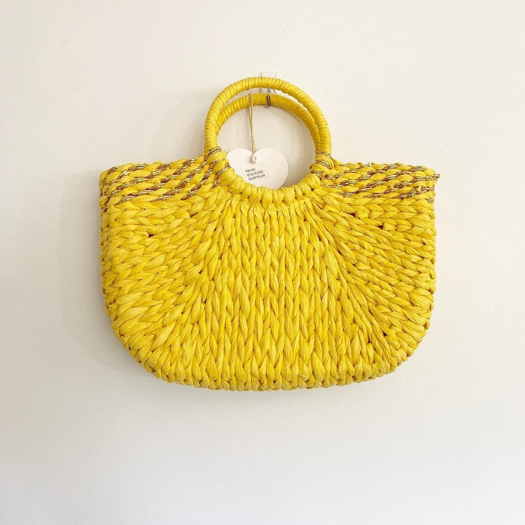 Imoshion Yellow Straw Metallic Beach Wicker Tote Bag NWT Vegan
