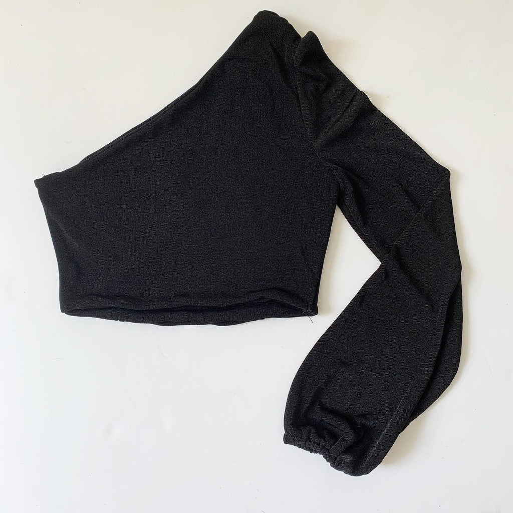 One Sleeve Slit Crop Black Top