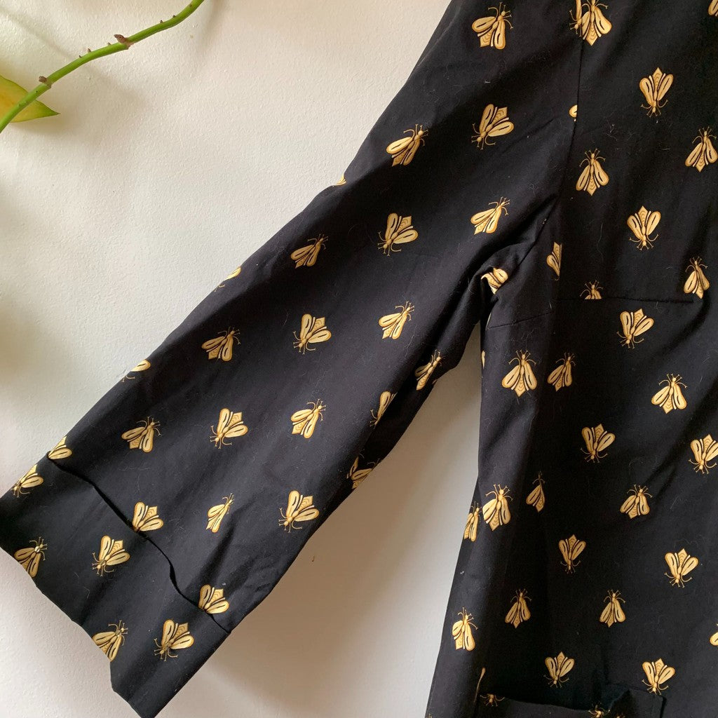 Vintage Steven Stolman Bee Print Black Gold Trench Coat Jacket Size 18W Plus