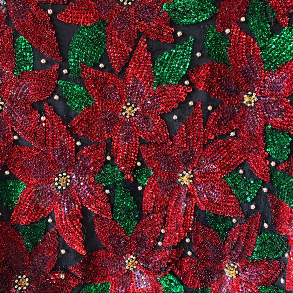 Vintage Laurence Kazar Red Poinsettia Sequin Silk Christmas Blazer size Xl