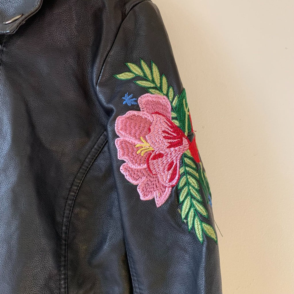 Reputation Embroidered Floral Biker Faux Leather Jacket Size XL