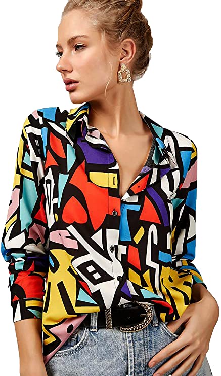 Big Dart Geometric Button Down Blouse Shirt
