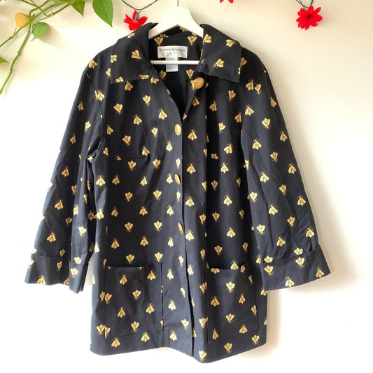 Vintage Steven Stolman Bee Print Black Gold Trench Coat Jacket Size 18W Plus