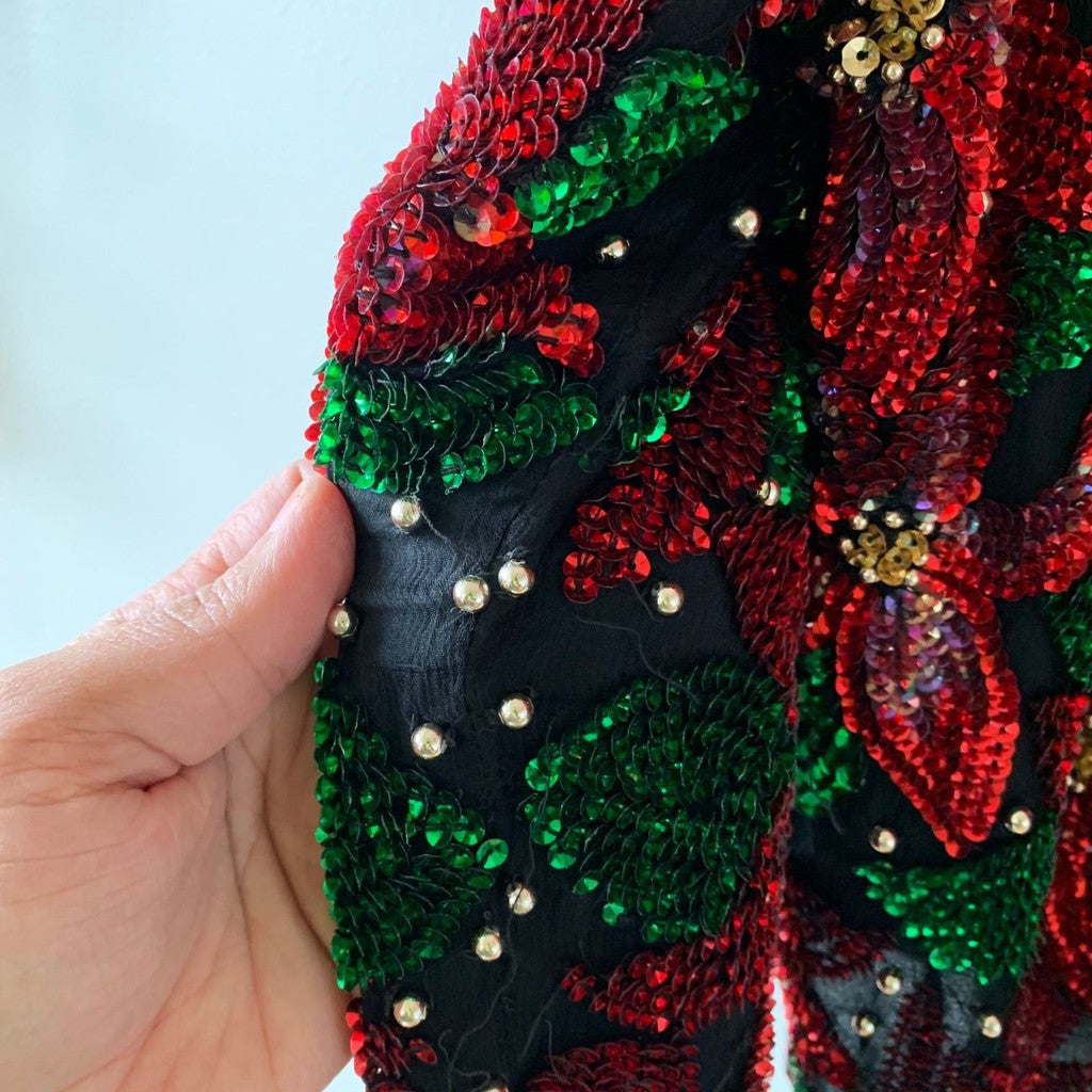 Vintage Laurence Kazar Red Poinsettia Sequin Silk Christmas Blazer size Xl