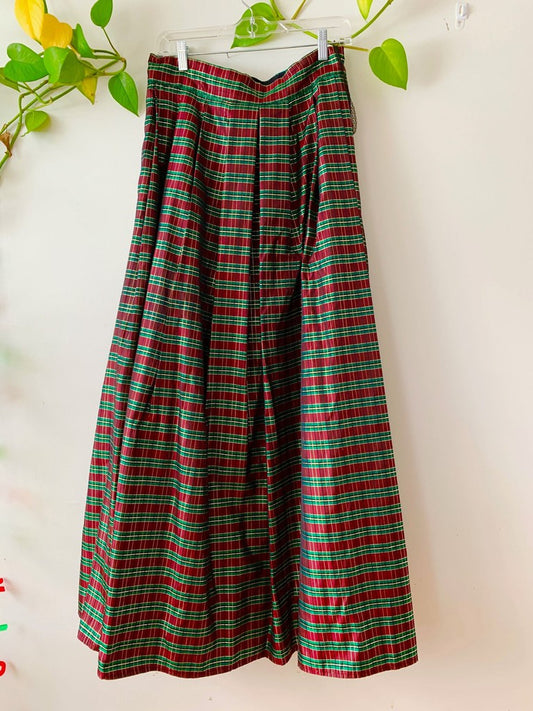 Vintage Cachet Red Green Gold Tartan Taffeta Christmas Maxi Skirt Size 12