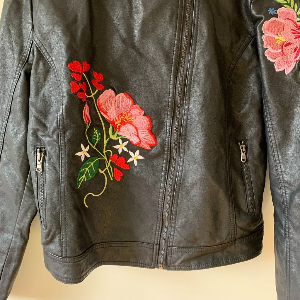 Reputation Embroidered Floral Biker Faux Leather Jacket Size XL