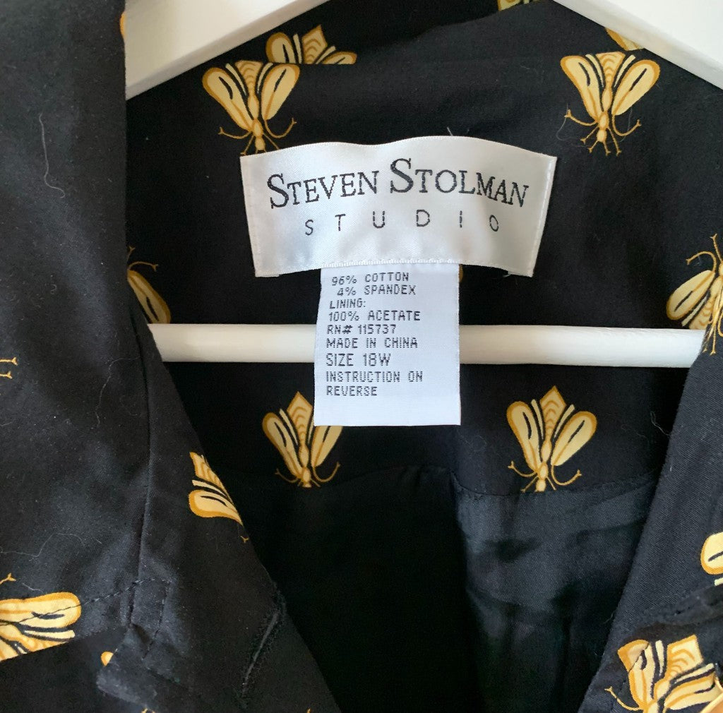 Vintage Steven Stolman Bee Print Black Gold Trench Coat Jacket Size 18W Plus