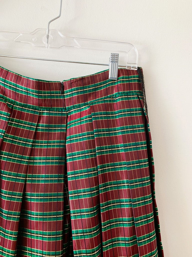 Vintage Cachet Red Green Gold Tartan Taffeta Christmas Maxi Skirt Size 12