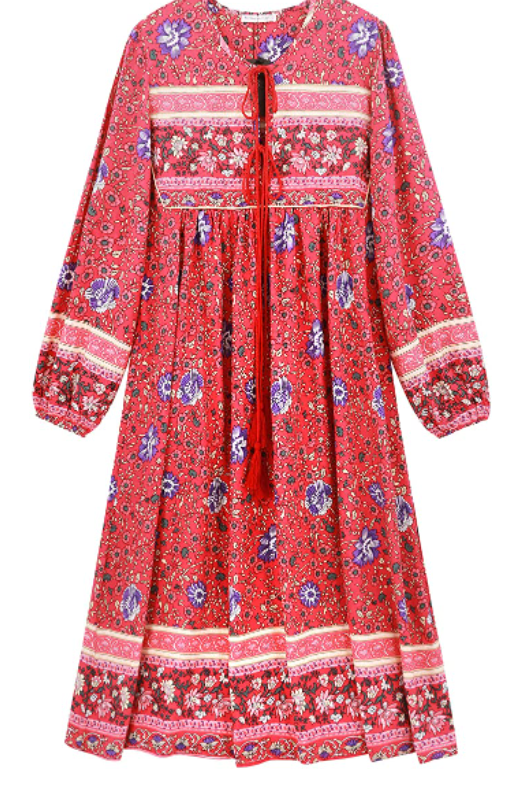 R.Vivimos Women's Long Sleeve Floral Print Retro V Neck Tassel Bohemian Midi Dress