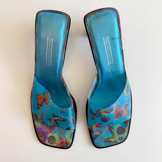 Amanda Smith Holographic Blue Butterfly Sunflower Y2K Sandals