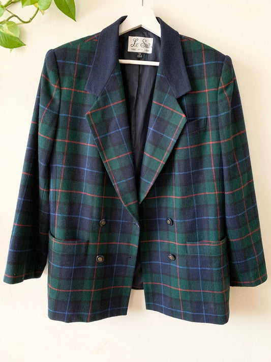 Vintage Le Suit Navy & Green Tartan Plaid Oversized Blazer Size 14