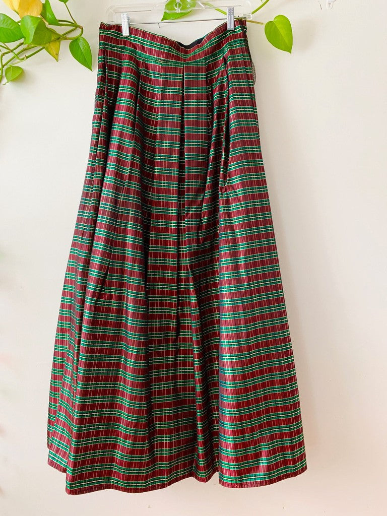 Vintage Cachet Red Green Gold Tartan Taffeta Christmas Maxi Skirt Size 12