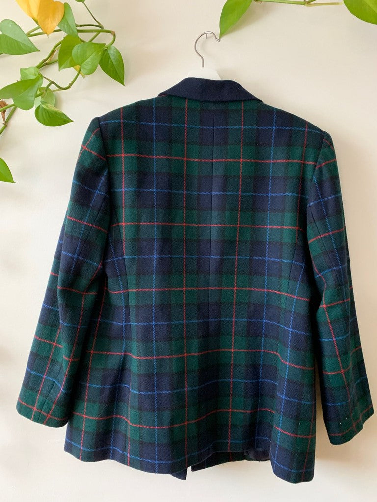 Vintage Le Suit Navy & Green Tartan Plaid Oversized Blazer Size 14