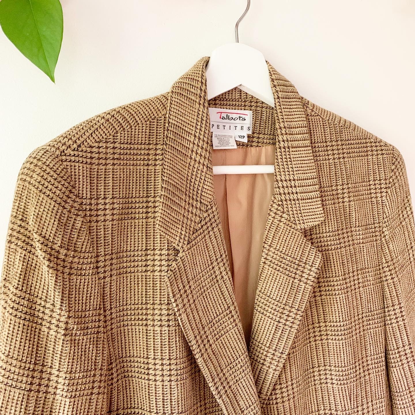 Talbots Vintage Tan Hounds tooth Plaid Blazer, Size 12 Petite
