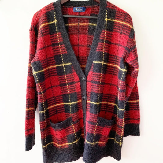 Polo Ralph Lauren Red Tartan Plaid Cardigan Wool Blend Sweater
