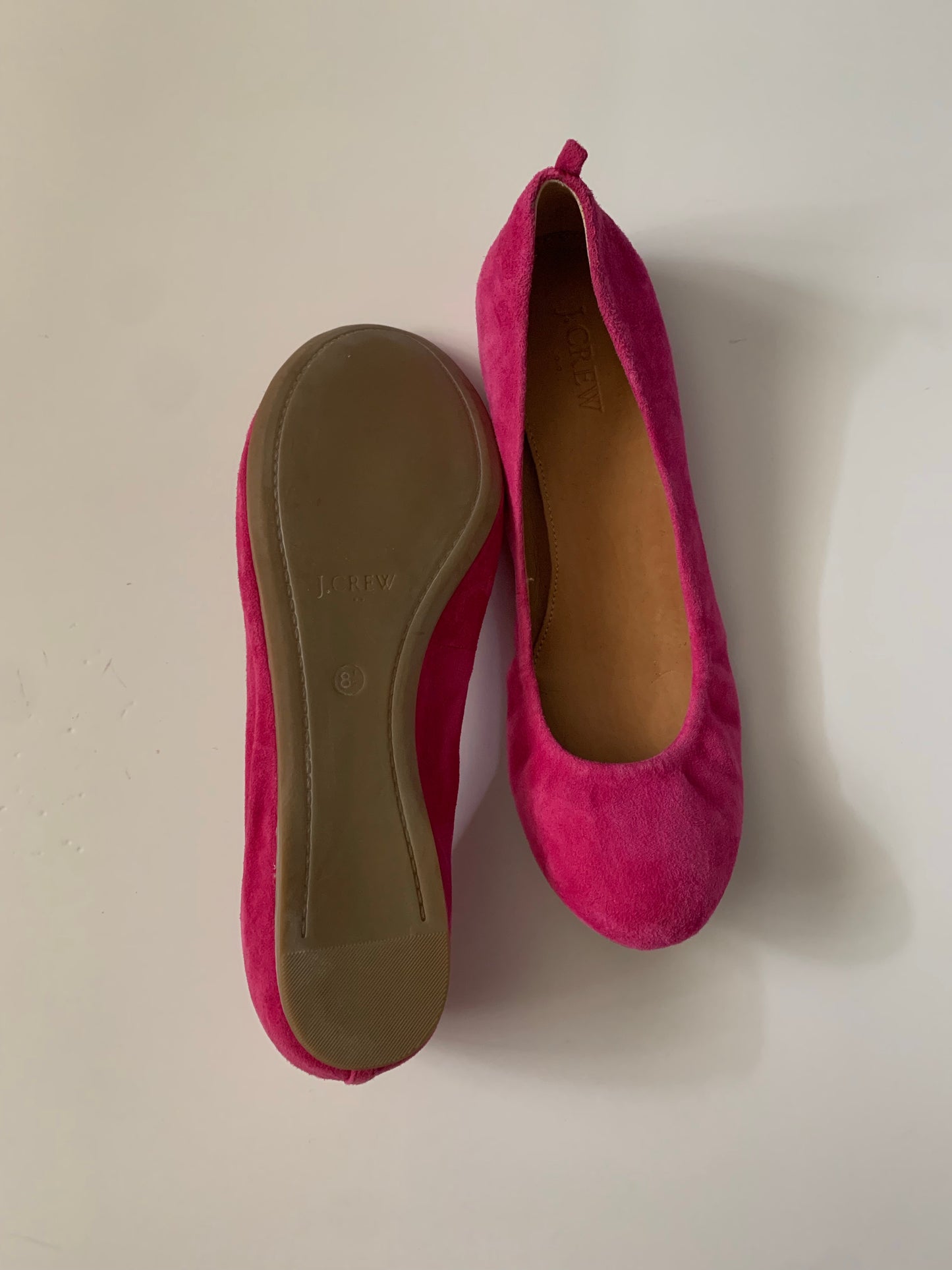 J. Crew Factory Hot Pink Suede Leather Round Toe Ballet Flat Shoes, Size 8.5