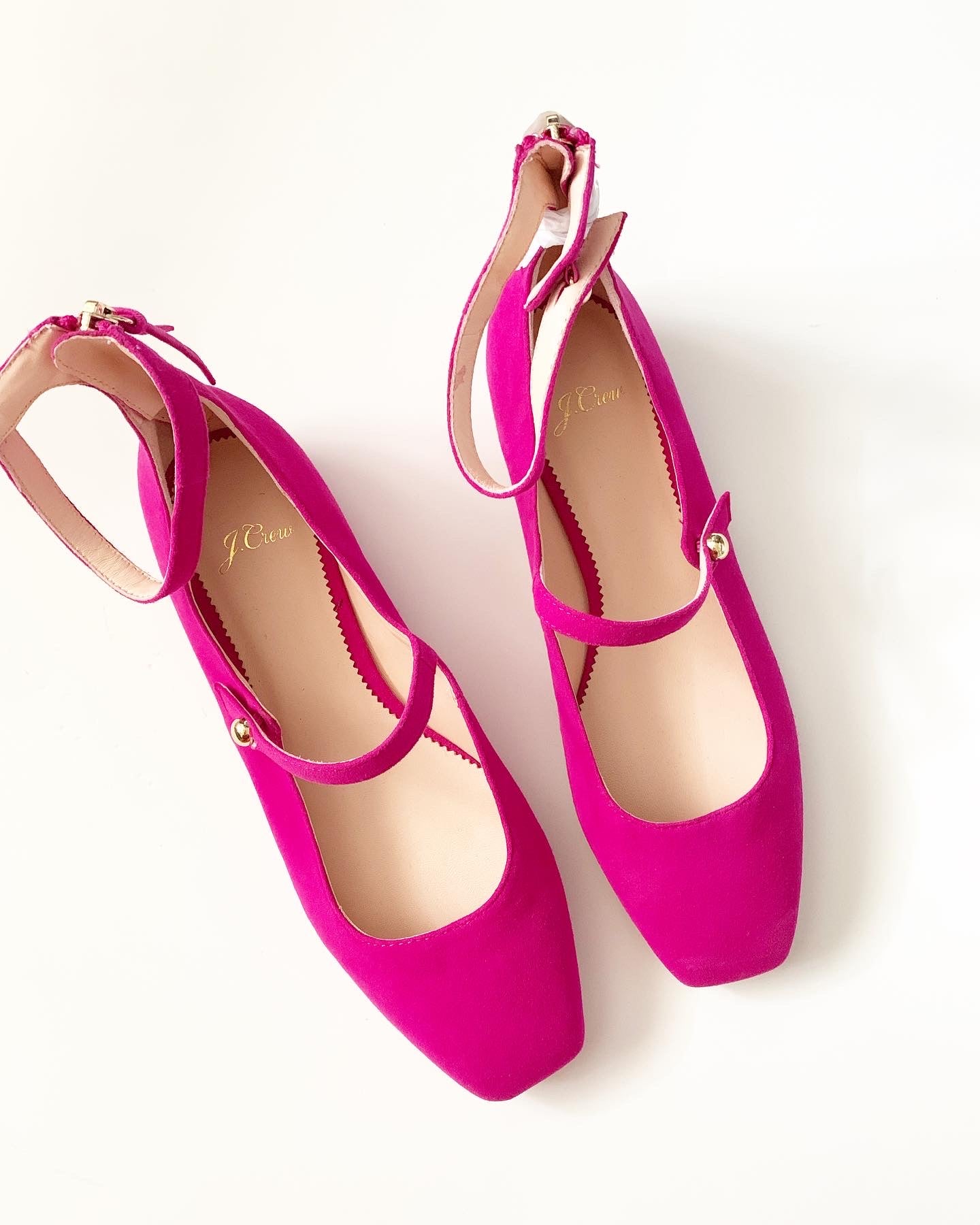 J. Crew Poppy Two-Strap Hot Begonia Pink Suede Leather Flat Shoes, Size 8