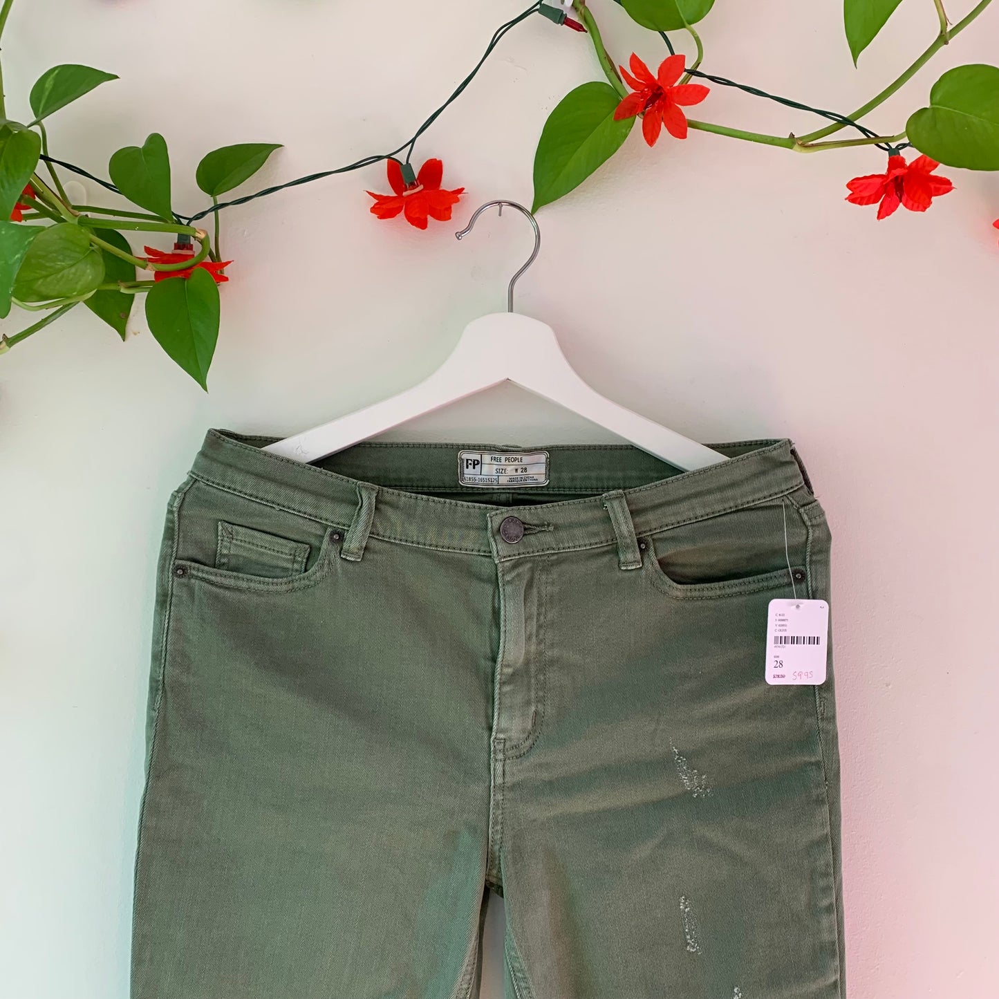 Free People Olive Green Frayed Hem Cropped Skinny Jeans, Size 28