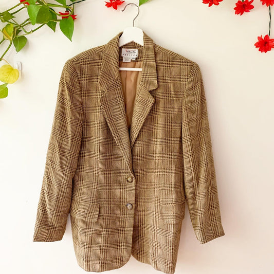 Talbots Vintage Tan Hounds tooth Plaid Blazer, Size 12 Petite