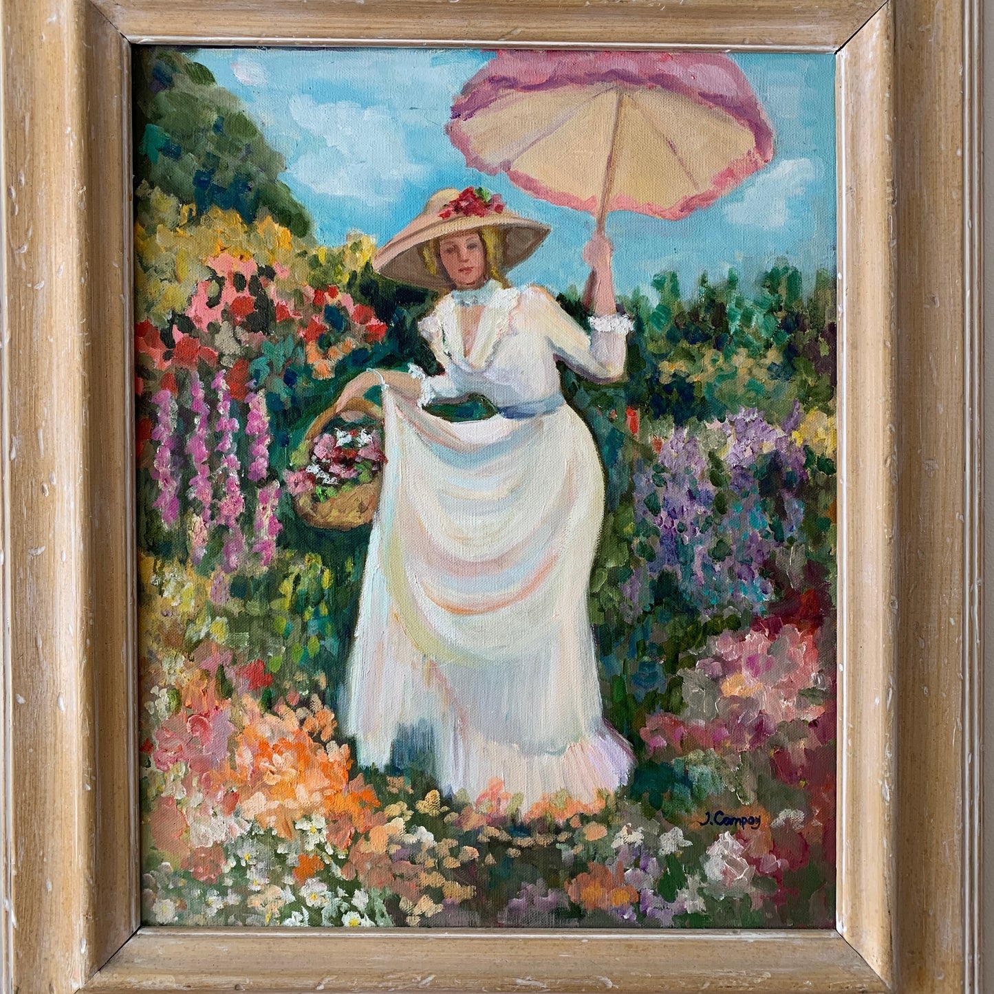 Vintage Painting Woman in Garden by J. Compoy