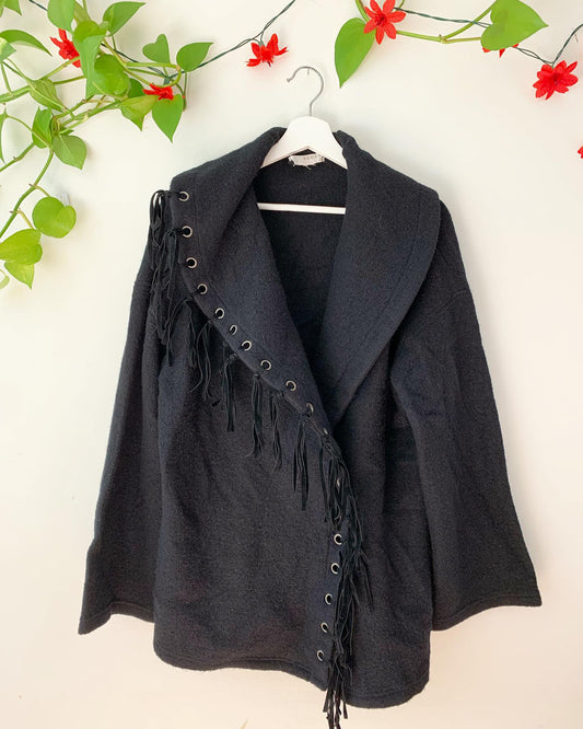 Kenar Suede Fringe Jacket, Black, Women's