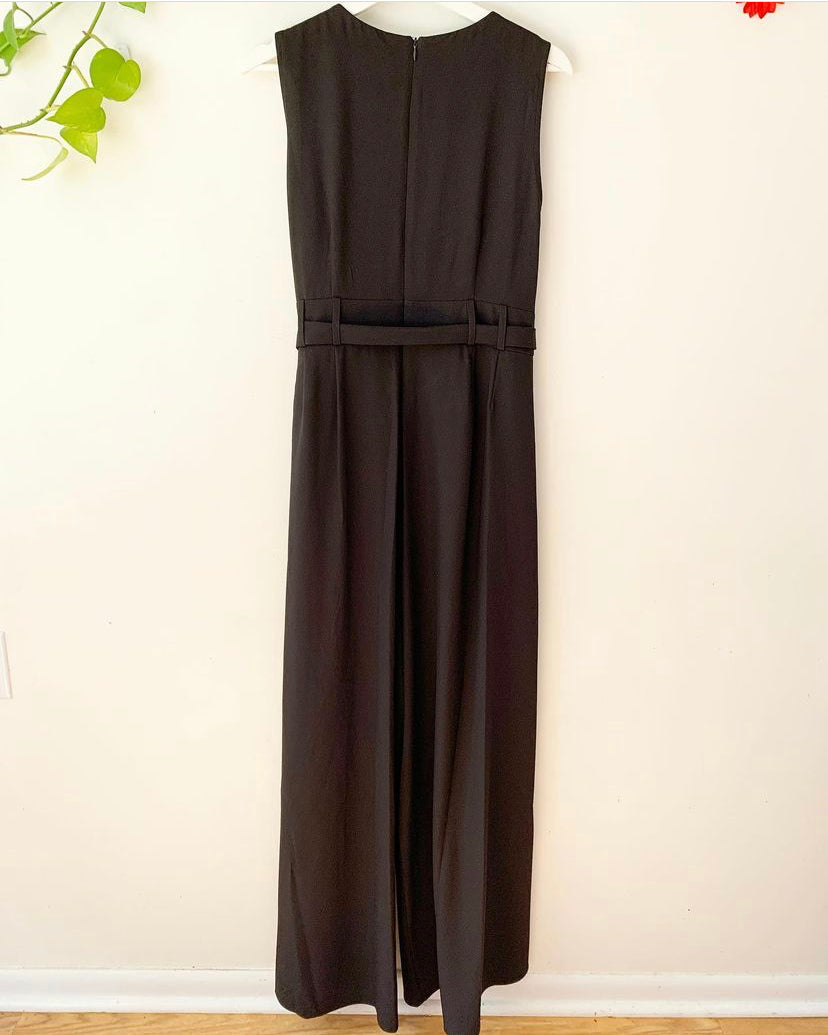 Emma & Michelle Black Belted Wide Split Leg Jumpsuit, Size 12