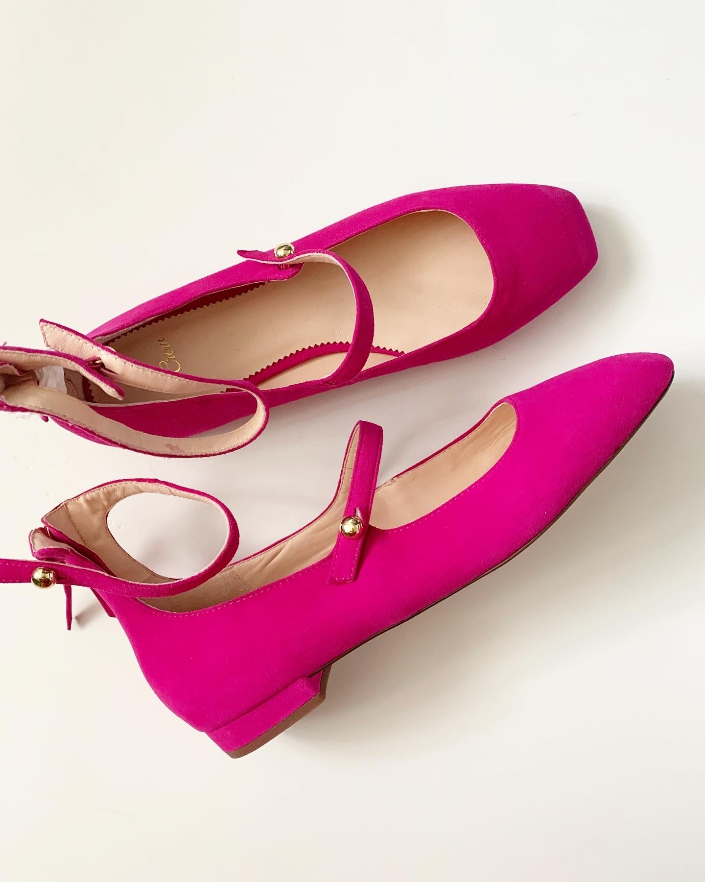 J. Crew Poppy Two-Strap Hot Begonia Pink Suede Leather Flat Shoes, Size 8
