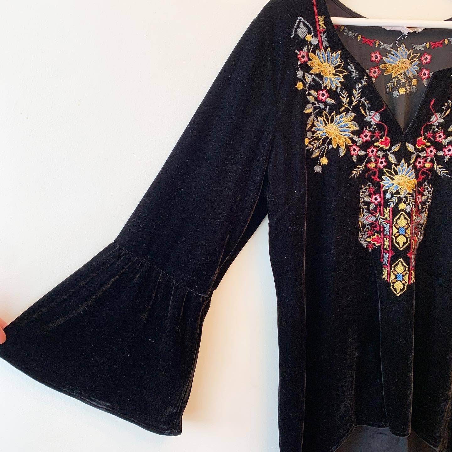 Solitaire Velvet Black Embroidered Bell Sleeve Top Shirt