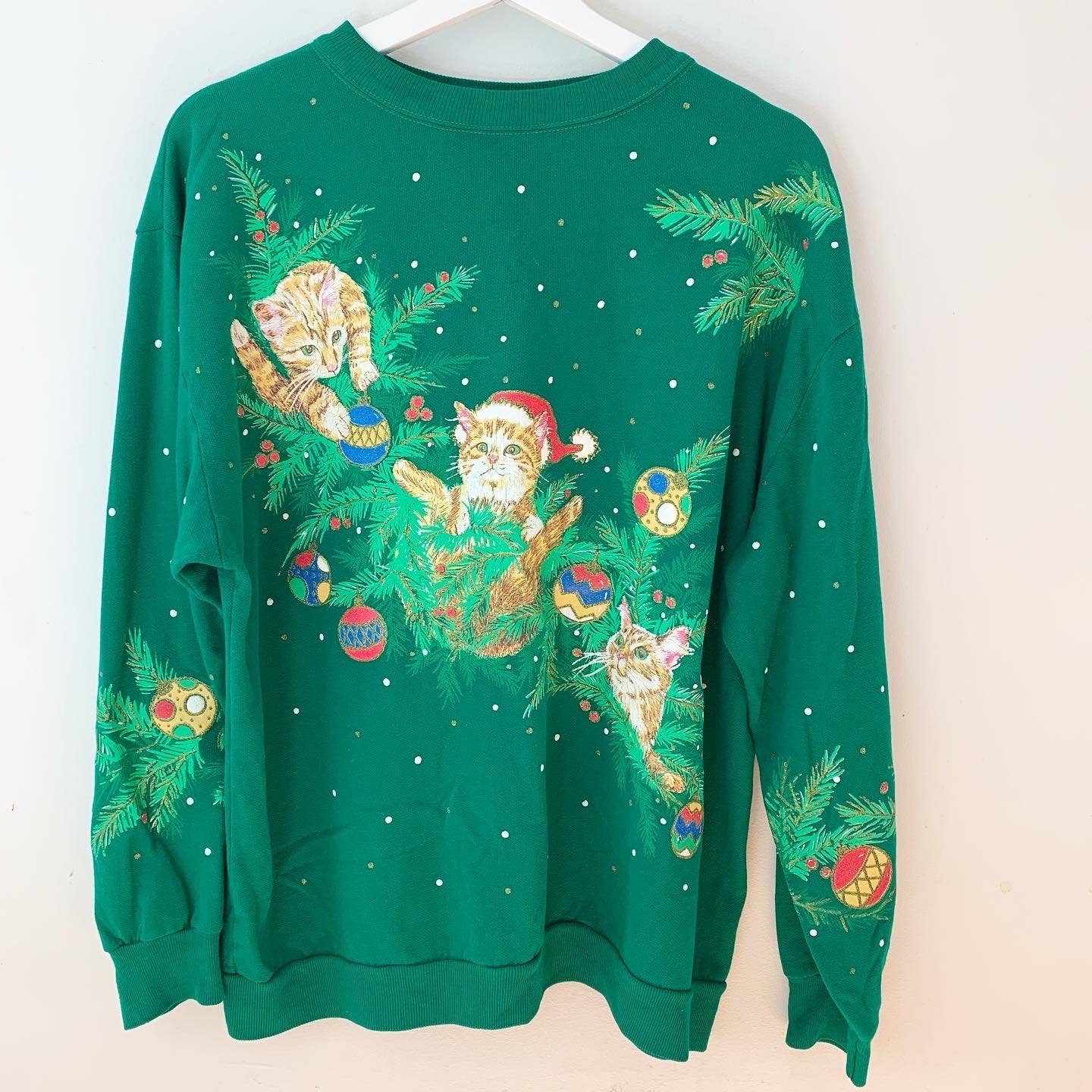 Holiday Time Cat Kitten Christmas Green Glitter Sweatshirt