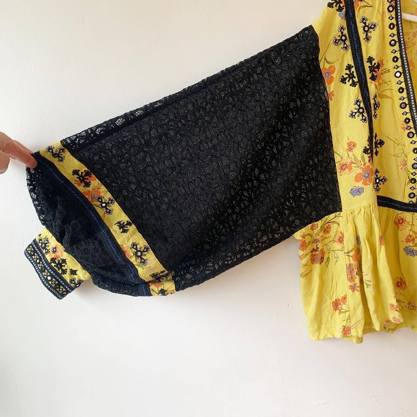 Free People Boogie All Night Bohemian Yellow Black Floral Shirt Blouse