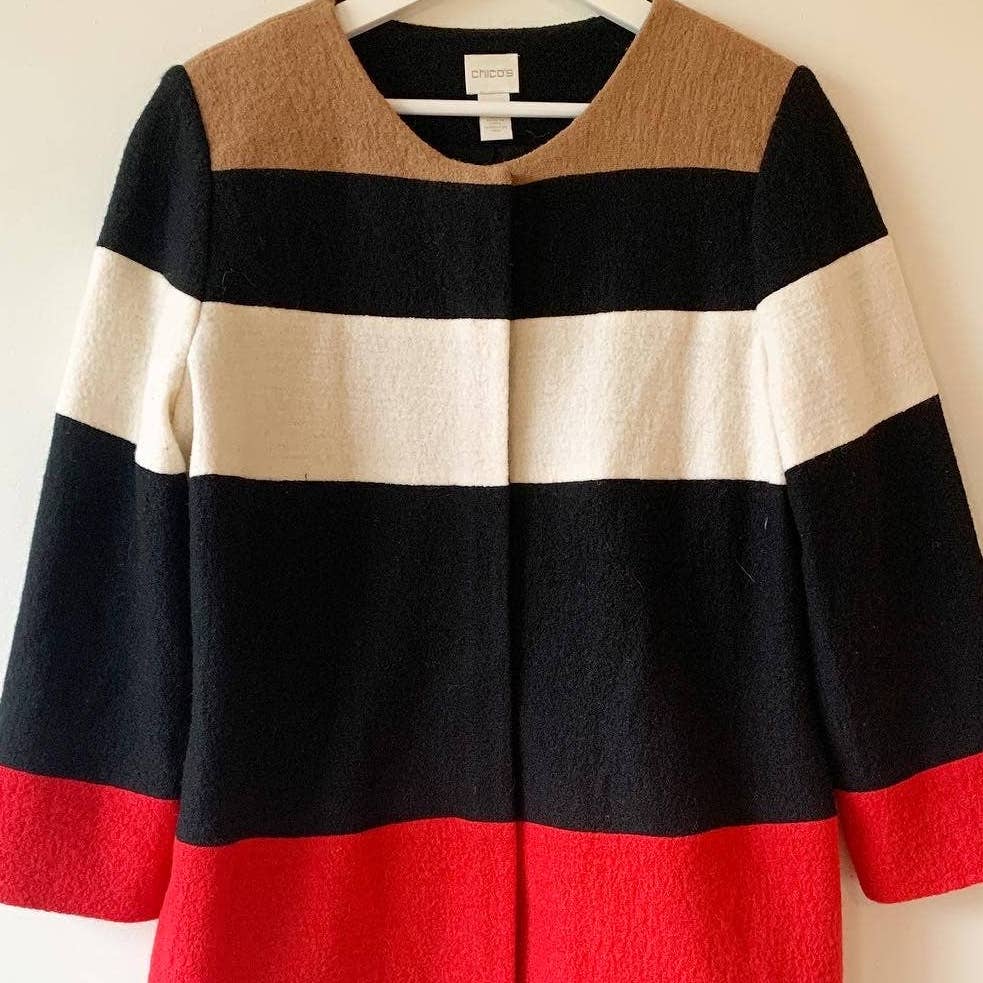 Chico's Colorblock Knit Red Black Tan Wool Coat Jacket