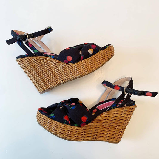 Kate Spade Anita Ankle Cherry Print Wicker Wedge Heels