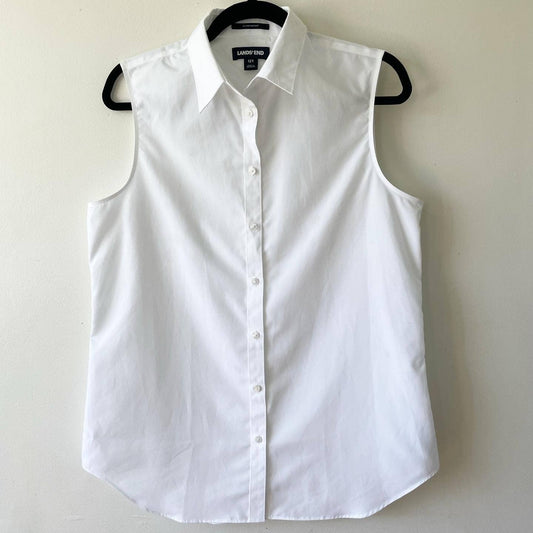 Lands End White Sleeveless Button Up Collared Shirt