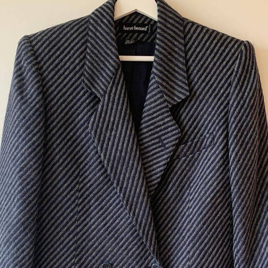 Vintage Harve Benard Navy Gray Stripe Wool Oversized Blazer