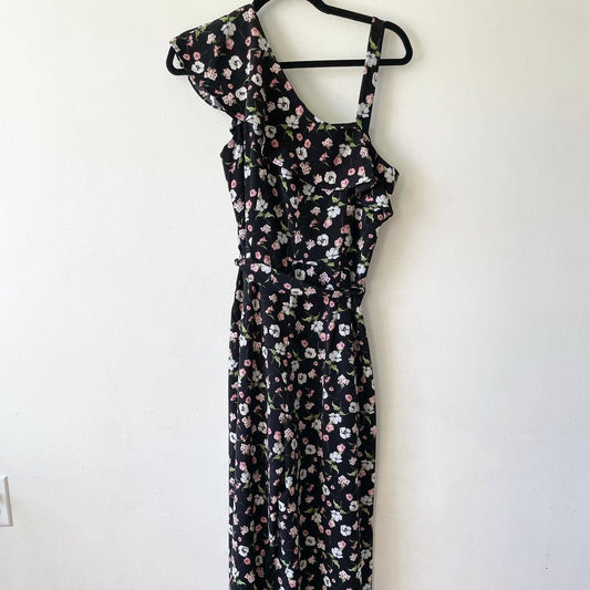 Gabby Skye Black Floral One Sleeve Ruffle Belted Jumpsuit
