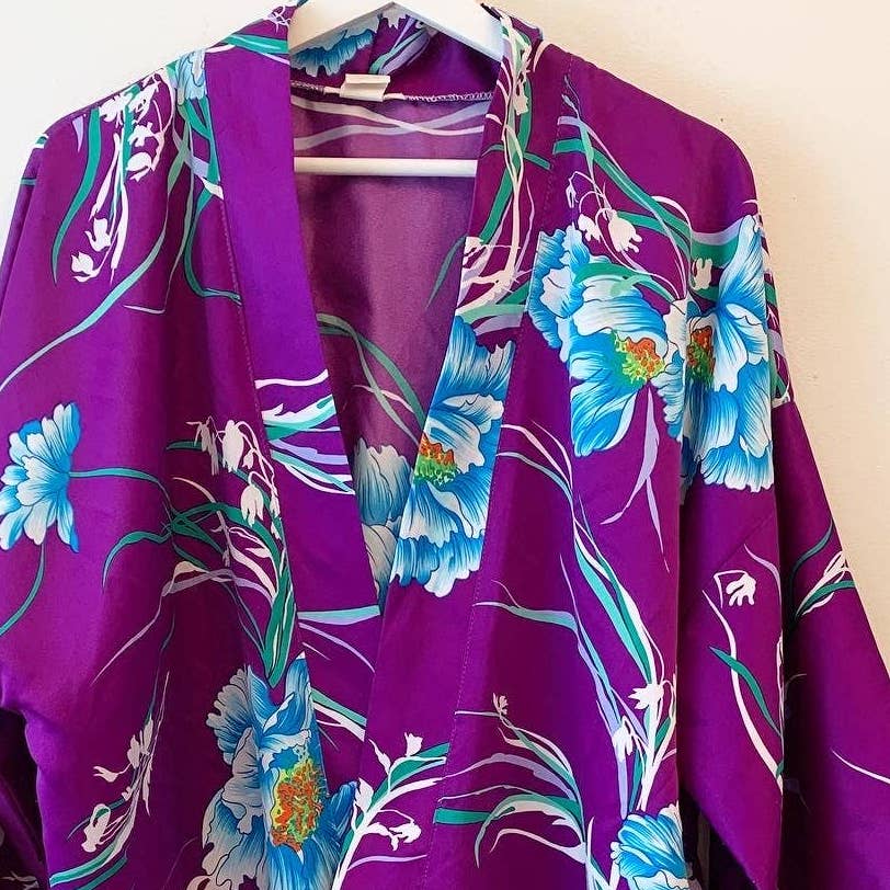 Vintage Purple Blue Floral Kimono Robe